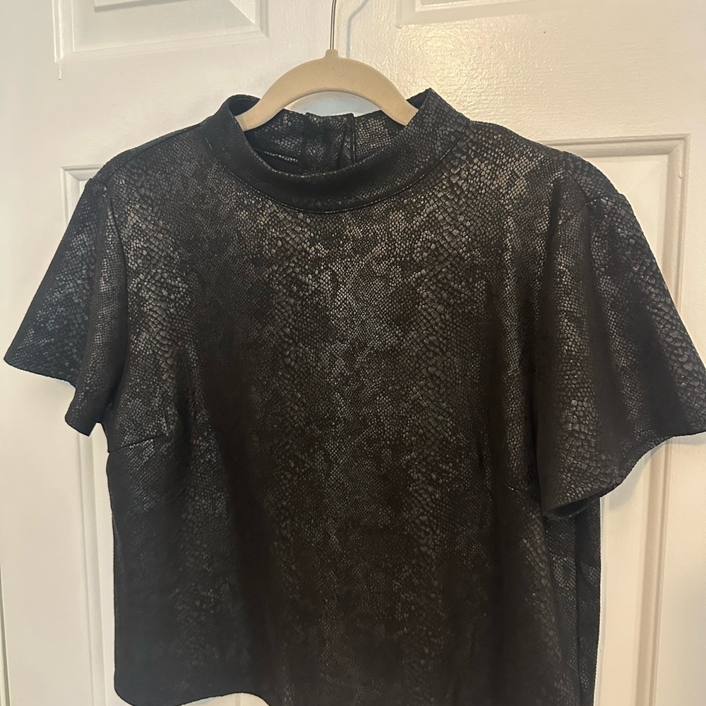 Harper Black Short-Sleeve Mock Neck Top with Subtle Texture